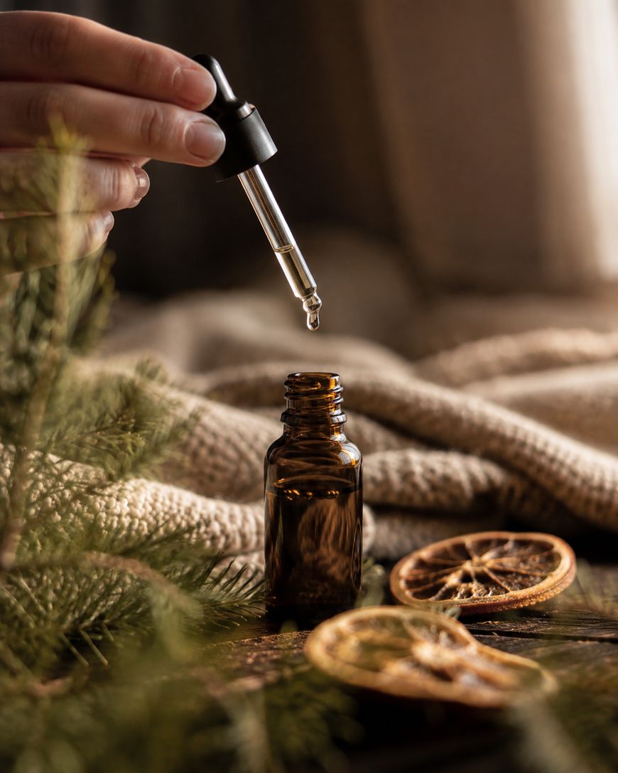 A hand holds a dropper above a small amber bottle, releasing a liquid drop. Dried orange slices and pine branches sit nearby on a rustic wooden surface, with a soft blanket in the background.