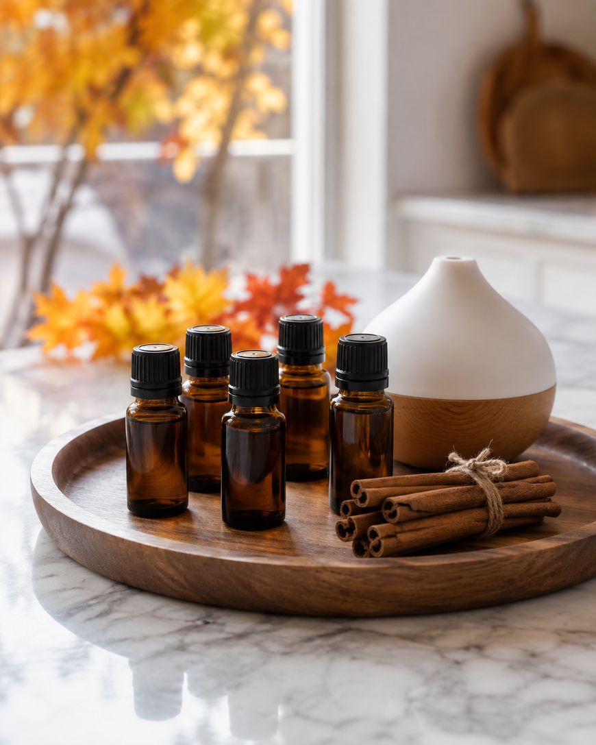 Amber glass bottles, an aroma diffuser, and cinnamon sticks on a wooden tray sit on a marble countertop. Autumn leaves and soft sunlight are visible through a window in the background.
