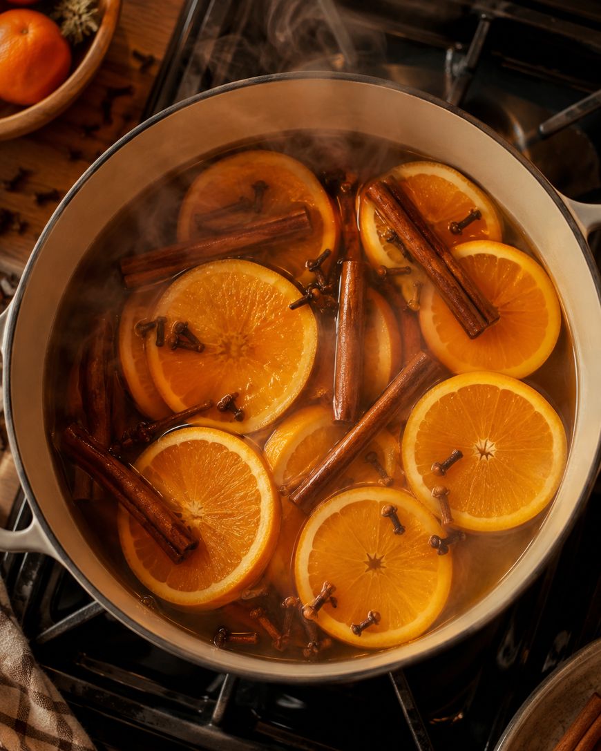 Sliced oranges, cinnamon sticks, and cloves simmer in a white pot on a stove, releasing steam. A bowl of oranges and loose cloves are visible in the background.