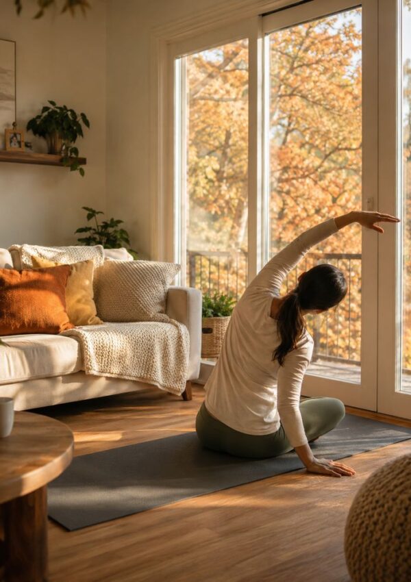 A woman practices yoga indoors on a mat, stretching her arm while sitting. Sunlight streams through large glass doors, revealing autumn trees outside. The cozy room has a sofa, blankets, and houseplants.