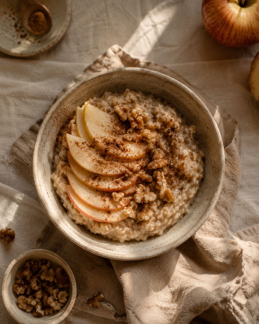 A bowl of oatmeal topped with sliced apples, walnuts, and cinnamon sits on a beige cloth, with walnuts and an apple nearby, all bathed in warm, natural light.