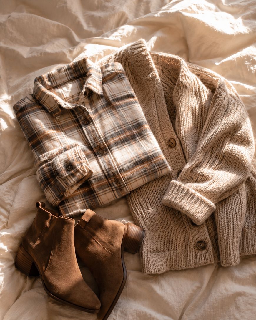 A folded plaid shirt, a chunky knit cardigan, and a pair of brown suede ankle boots are arranged on a cream-colored blanket in warm sunlight.