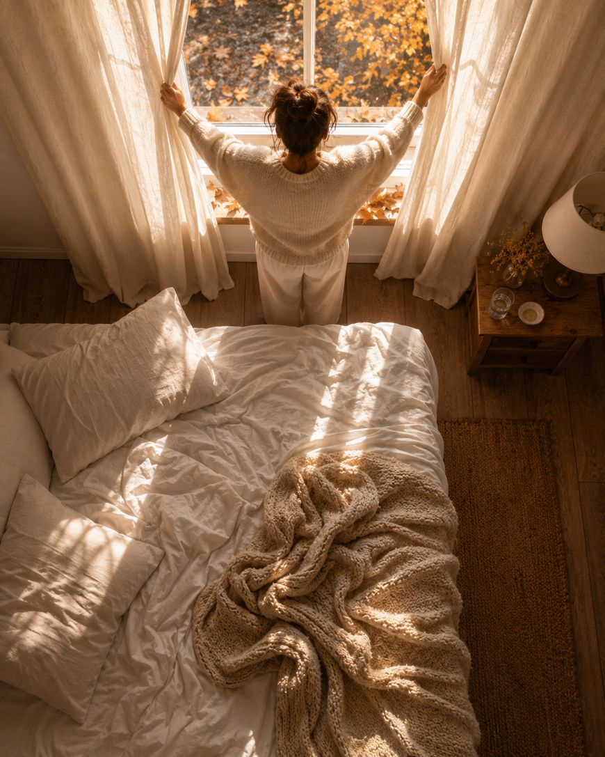 A person in cozy clothes stands by a sunlit window with beige curtains, looking outside. An unmade bed with white sheets and a knitted blanket is in the foreground. Autumn leaves are visible outside.