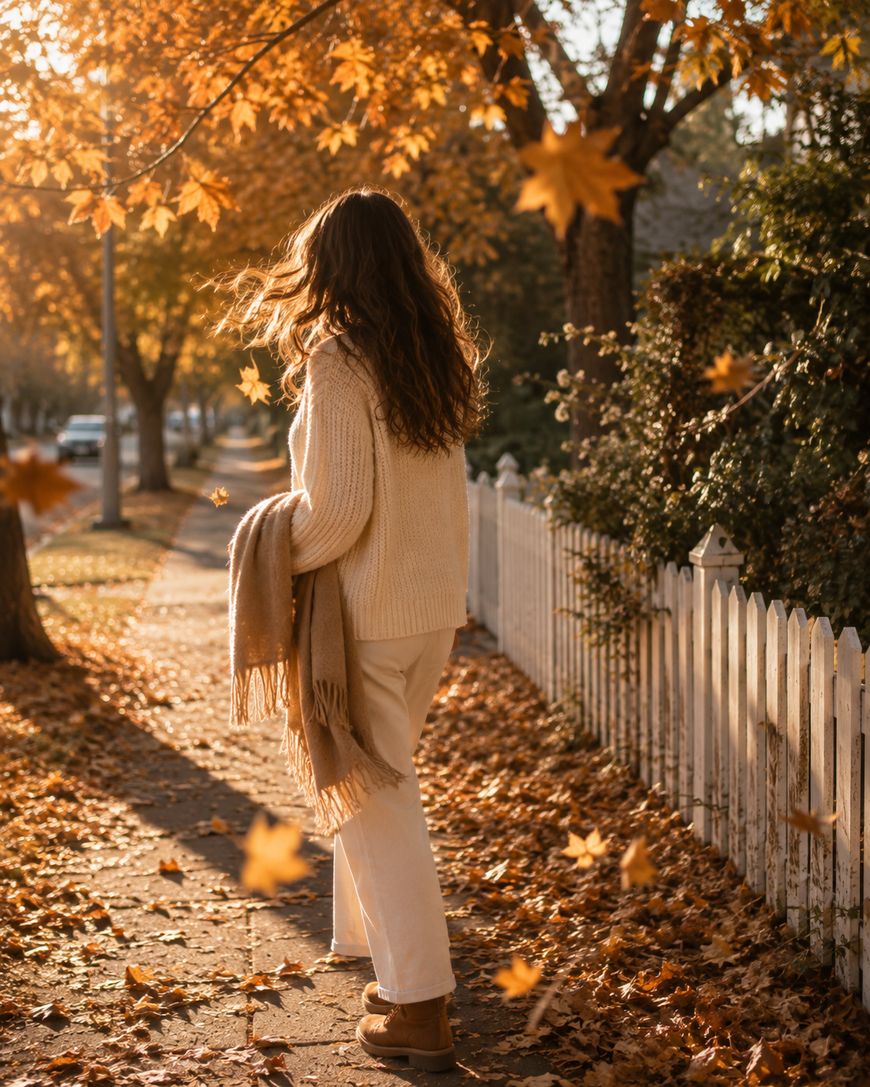 A person with long hair walks along a leaf-covered sidewalk on an autumn day, wearing a cozy sweater and holding a scarf, with golden leaves falling around them.