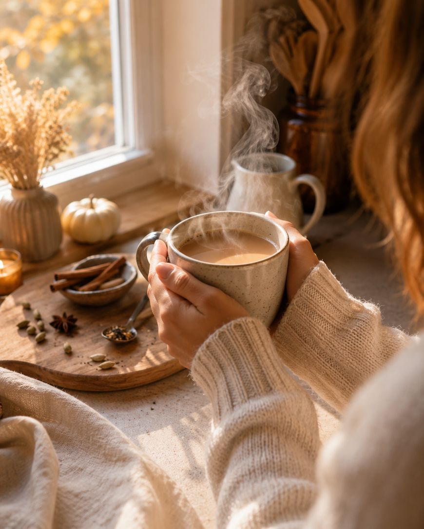 A person in a cozy sweater holds a steaming mug by a sunny window. On the table are spices, a candle, a small pumpkin, and a second mug, creating a warm autumn atmosphere.