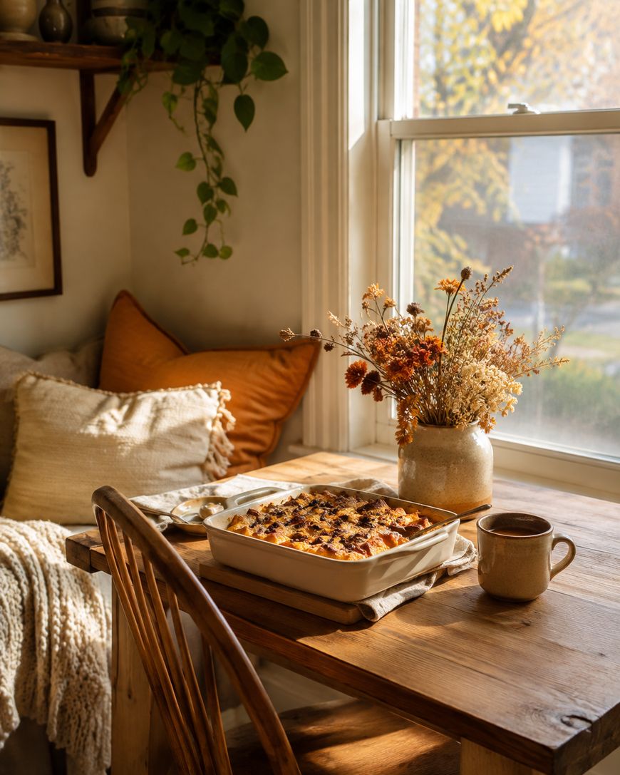 A cozy breakfast nook with a wooden table, a baked dish, a mug, and a vase of dried flowers by a sunlit window. Cushions and a blanket add warmth to the inviting scene.