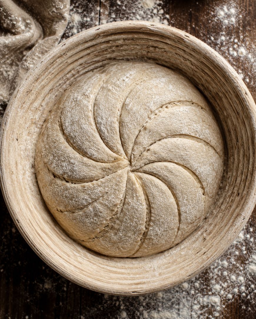 A round loaf of dough with spiral scoring sits in a floured wooden proofing basket on a rustic wooden surface.