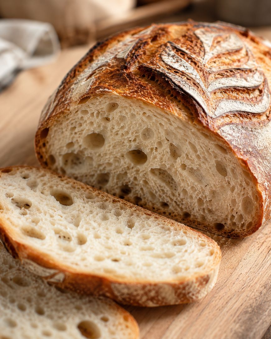 A rustic loaf of artisan bread with a golden, crusty exterior and airy interior, partially sliced on a wooden surface.