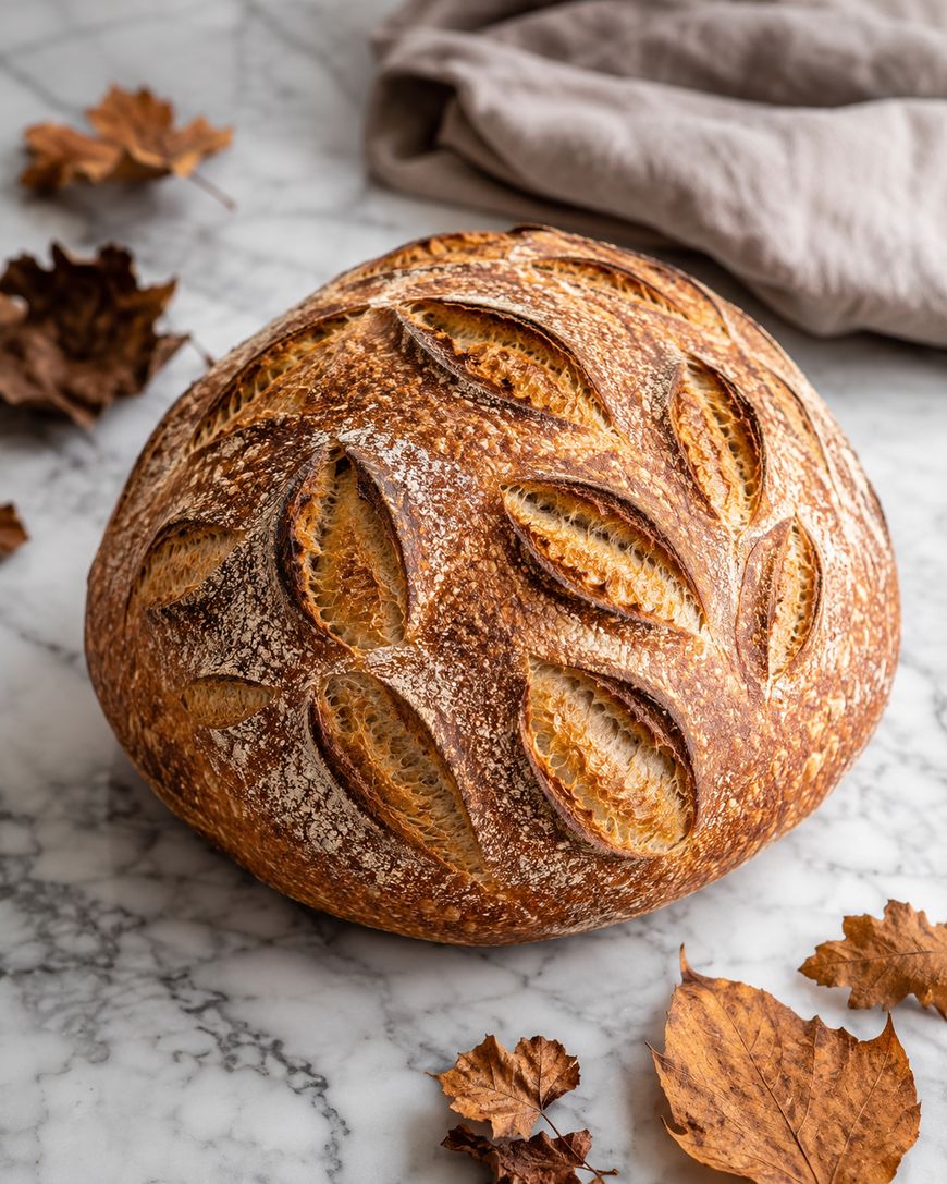 A round loaf of artisan bread with decorative scoring sits on a marble surface, surrounded by dry autumn leaves and a beige cloth in the background.