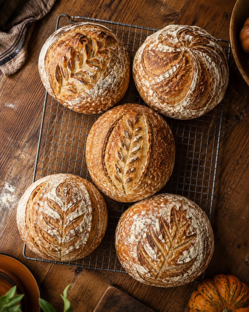 Five artisan loaves of bread with intricate leaf patterns on top rest on a cooling rack on a wooden table.