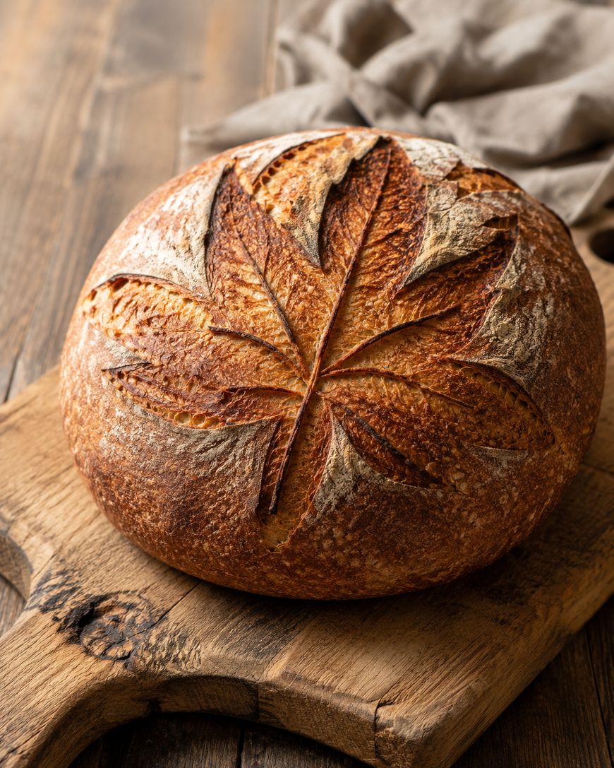 Round loaf of artisan bread with a crisp crust, featuring a large leaf pattern scored on top, sits on a rustic wooden cutting board with a beige cloth in the background.