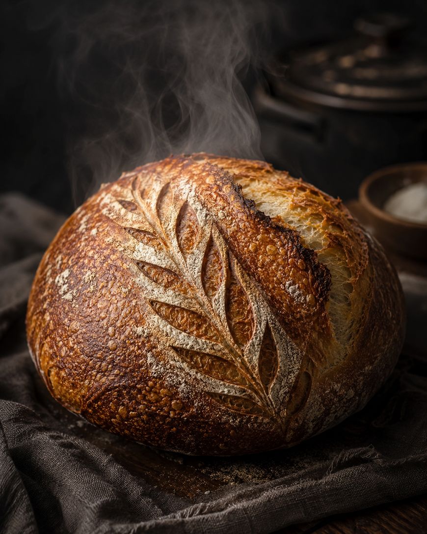A round loaf of rustic bread with a golden-brown crust, featuring intricate leaf-shaped scoring on top. Steam rises from the bread, indicating it is freshly baked.