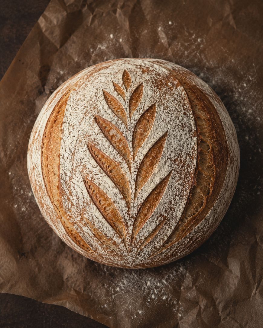 Round loaf of artisan sourdough bread with a decorative leaf pattern scored on top, sitting on brown parchment paper. The crust is golden with a dusting of flour.