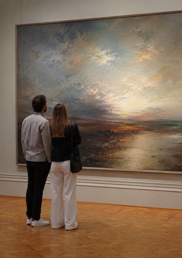 A man and woman stand side by side in an art gallery, looking at a large landscape painting depicting a dramatic sky and water at sunset.