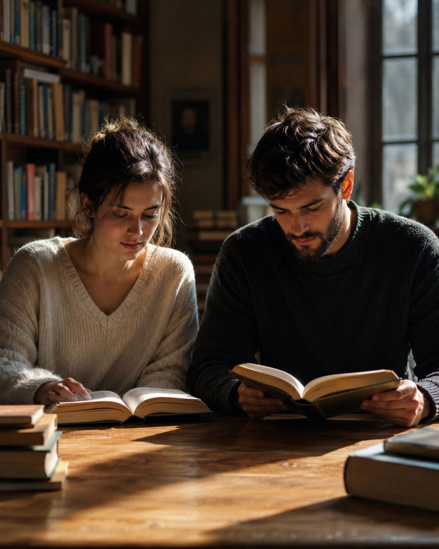 Two people sit at a wooden table in a library, reading books. Sunlight streams through a window, illuminating their focused faces and the bookshelves filled with books behind them.