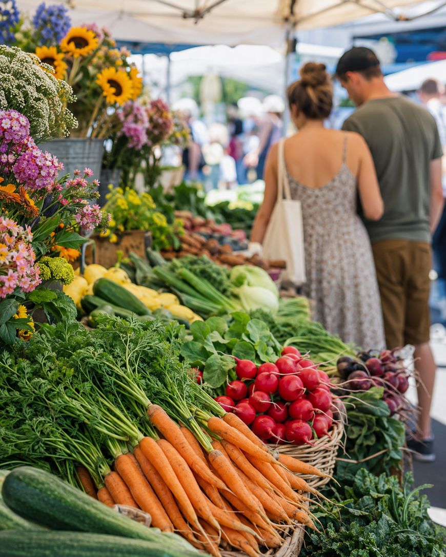 Colorful vegetables, including carrots, radishes, and greens, displayed on a market stall. In the background, a woman in a dress and a man in casual clothes browse the outdoor farmers market. Flowers are visible on the left.