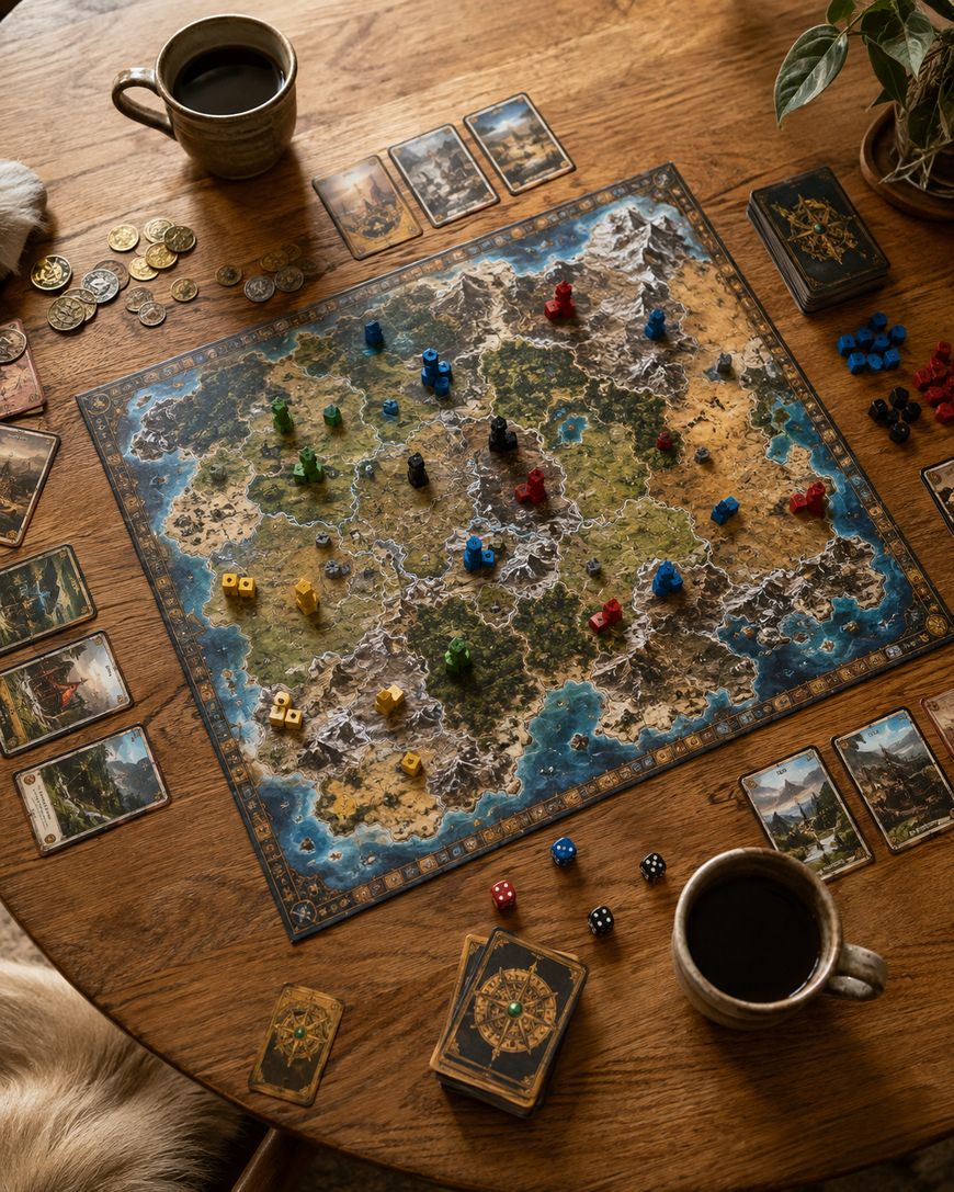 A wooden table with a fantasy-themed board game setup, colorful game pieces, cards, dice, coins, and two mugs of coffee, surrounded by plants and sunlight.