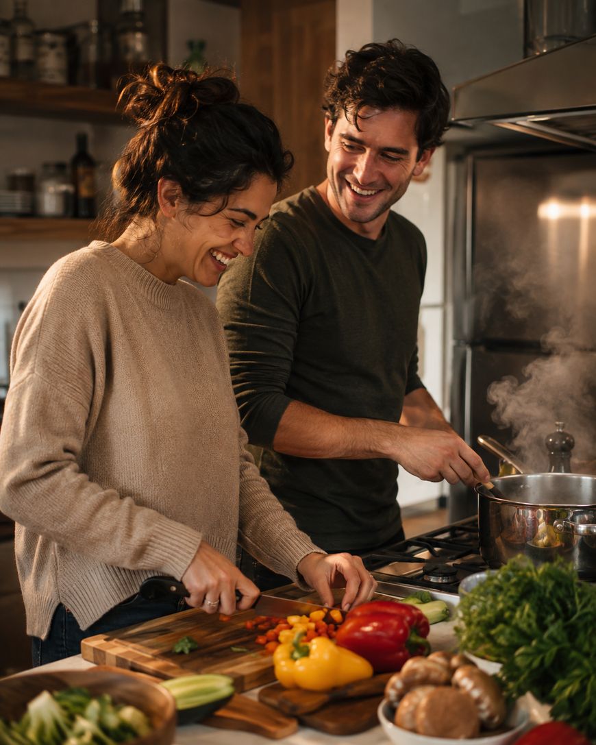 A woman chops colorful vegetables while a man stirs a pot on the stove. Both are smiling and cooking together in a cozy kitchen.