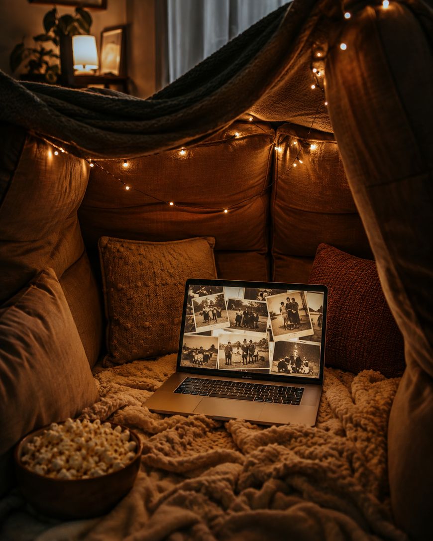 A cozy blanket fort with string lights, pillows, a laptop showing black-and-white photos, and a bowl of popcorn on a soft blanket.