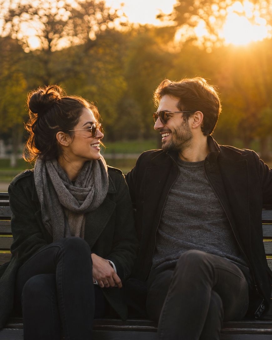 A man and woman sit on a bench outdoors at sunset, smiling at each other and wearing sunglasses and casual fall clothes.