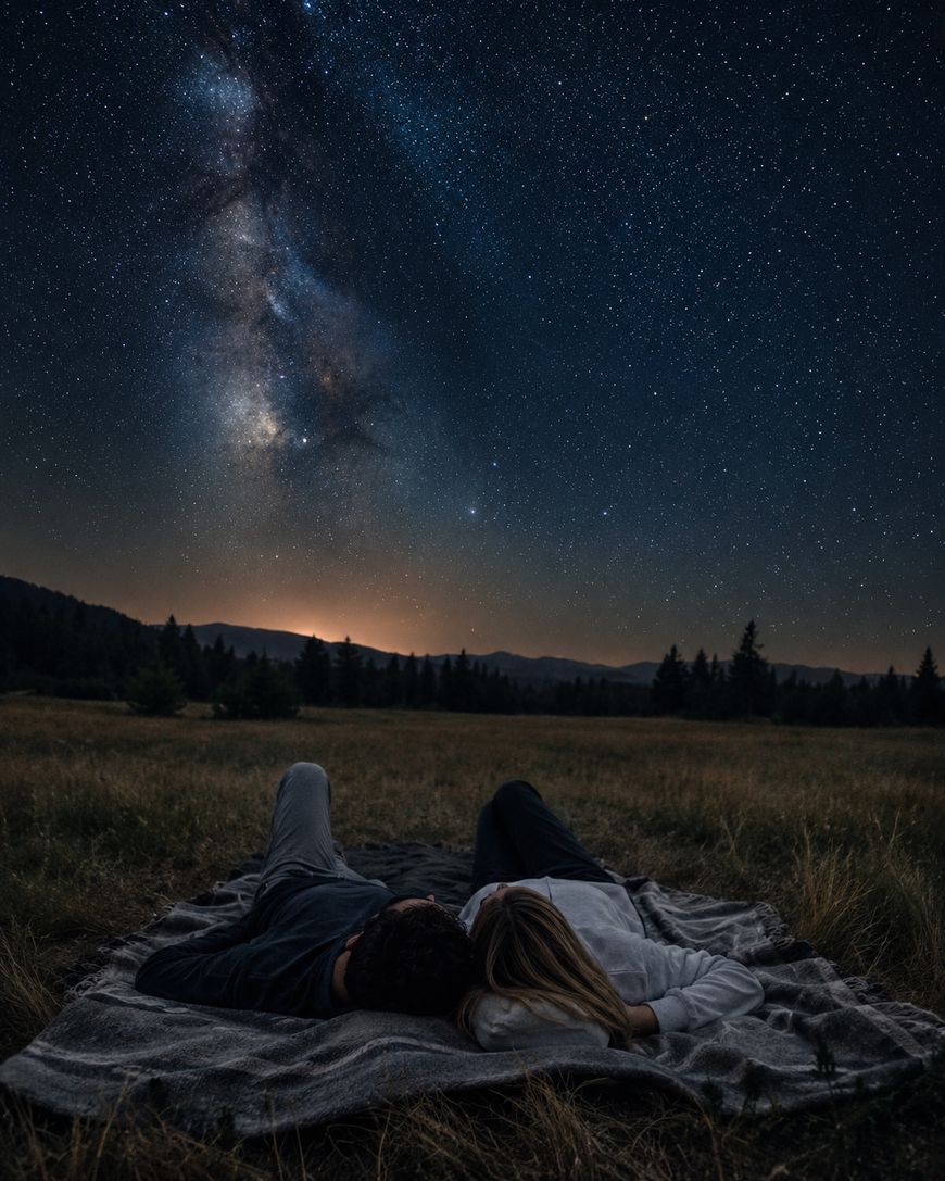 Two people lie on a blanket in a grassy field at night, looking up at a star-filled sky and the Milky Way, with distant tree silhouettes and mountains on the horizon.