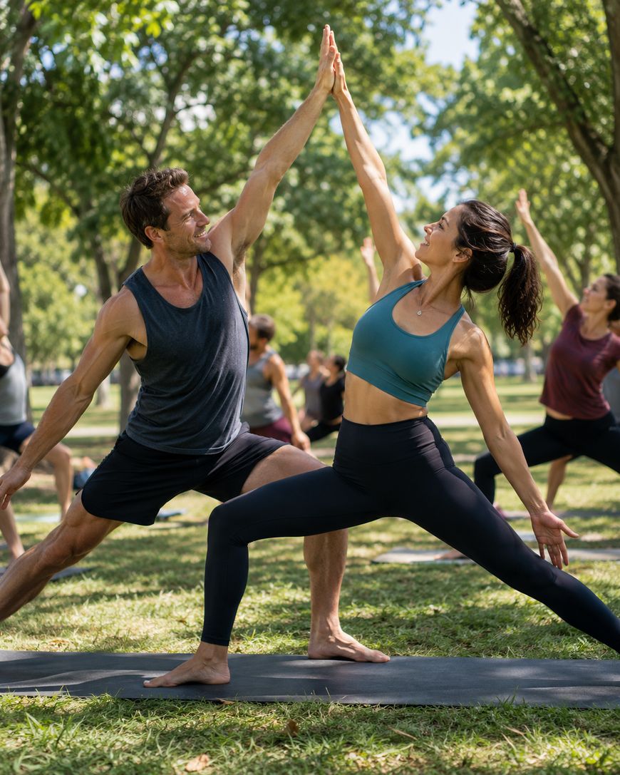 Two people in athletic wear practice yoga outdoors, holding a high five while in Warrior II pose. Several others are also practicing yoga in the background under trees on a sunny day.