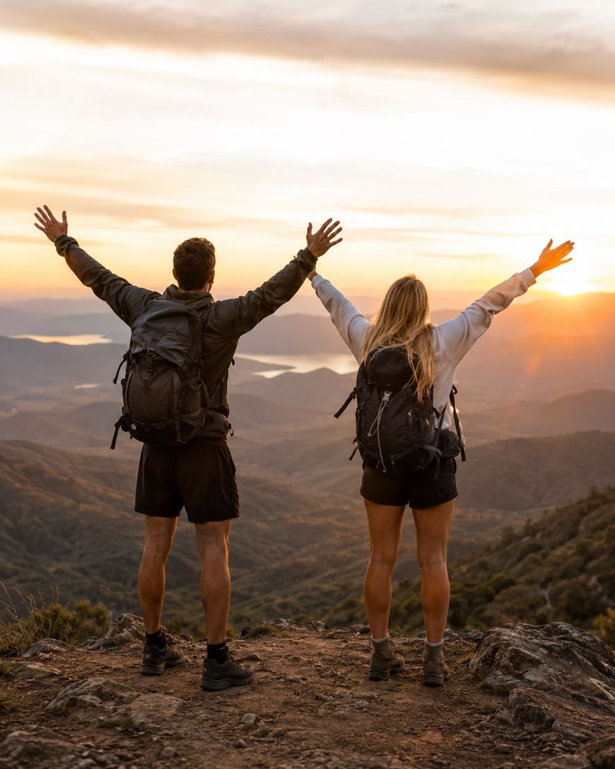 Two hikers with backpacks stand on a mountaintop at sunset, facing the view with arms raised in celebration. Rolling hills, valleys, and a glowing sky stretch out before them.