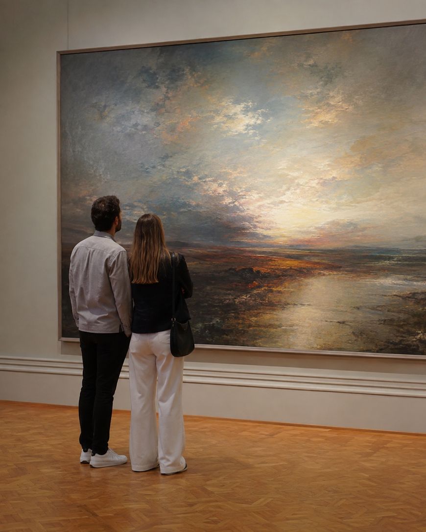 Two people stand closely together in a gallery, viewing a large painting of a dramatic, cloudy sky over a reflective landscape, illuminated by golden light.