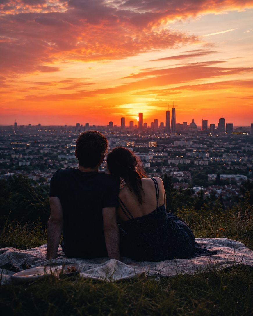 A couple sits on a blanket atop a hill, watching a vibrant sunset over a city skyline with tall buildings and dramatic clouds in the sky.