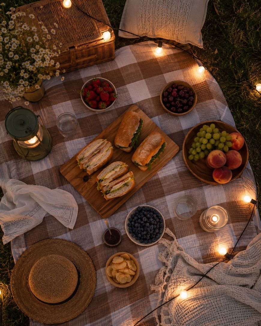 A cozy picnic setup on a plaid blanket with sandwiches, fruit, chips, a wicker basket, a hat, flowers, pillows, and glowing string lights at dusk.
