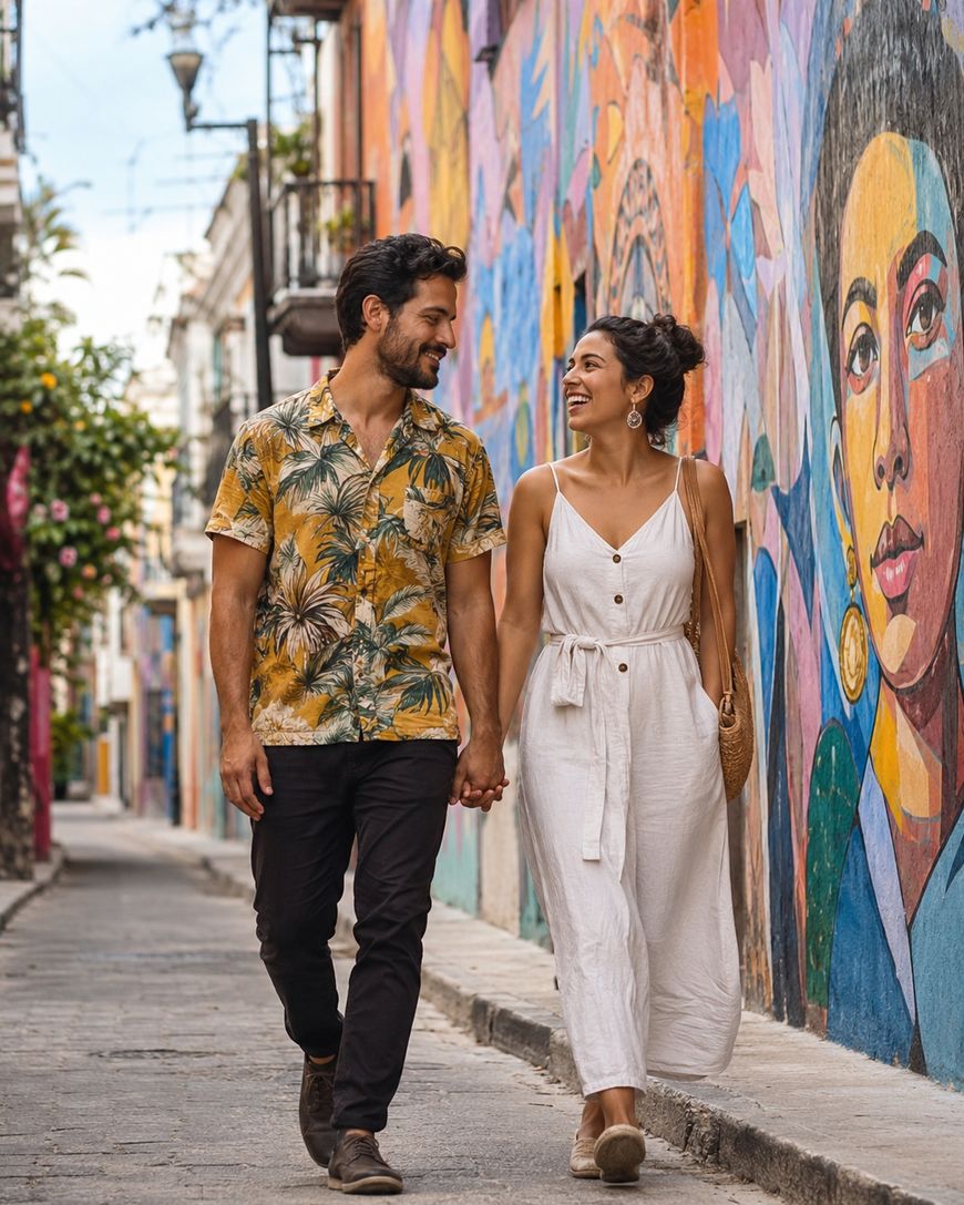 A couple holds hands and smiles while walking down a colorful street with a vibrant mural featuring a womans face in the background.