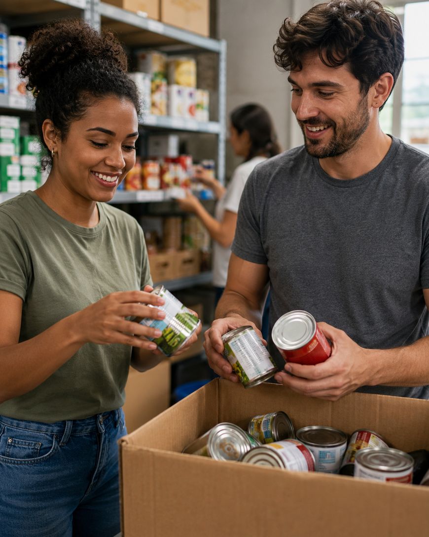 Two people smile while sorting canned food into a box at a food bank or donation center. Shelves with more canned goods are visible in the background, and a third person works in the background.