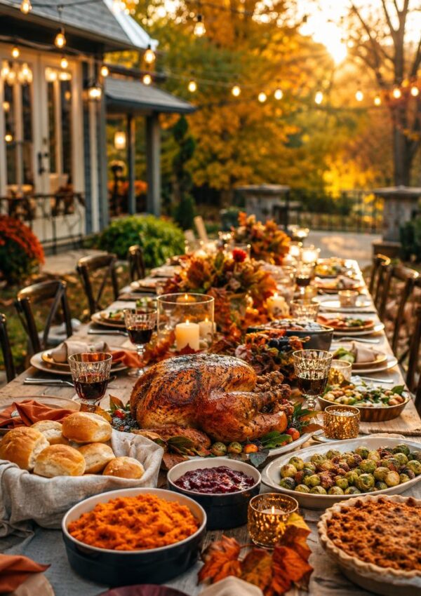 A festive outdoor table is set for a fall feast with roast turkey, pies, breads, vegetables, candles, and autumn decor. String lights glow above as the sun sets, creating a warm, inviting atmosphere.