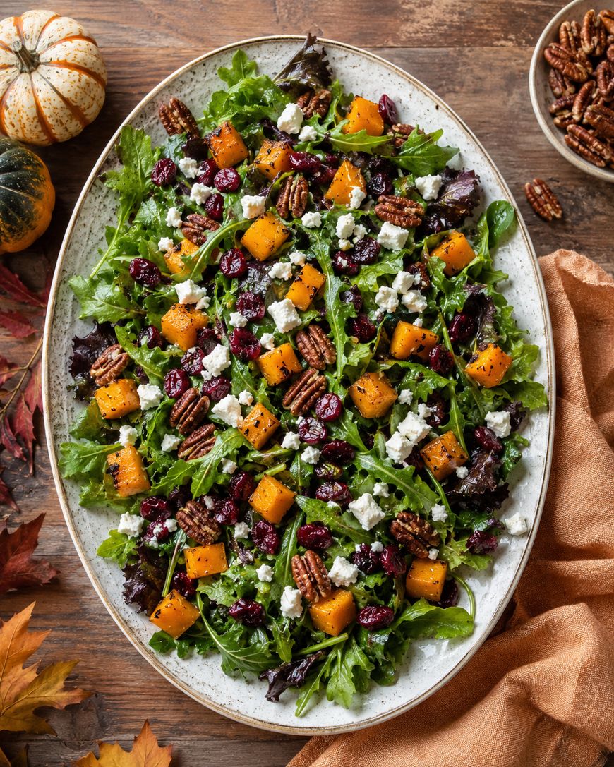 Oval platter with a mixed green salad topped with roasted butternut squash, pecans, dried cranberries, and crumbled goat cheese. Autumn leaves, napkin, and small gourds are nearby on a wood surface.