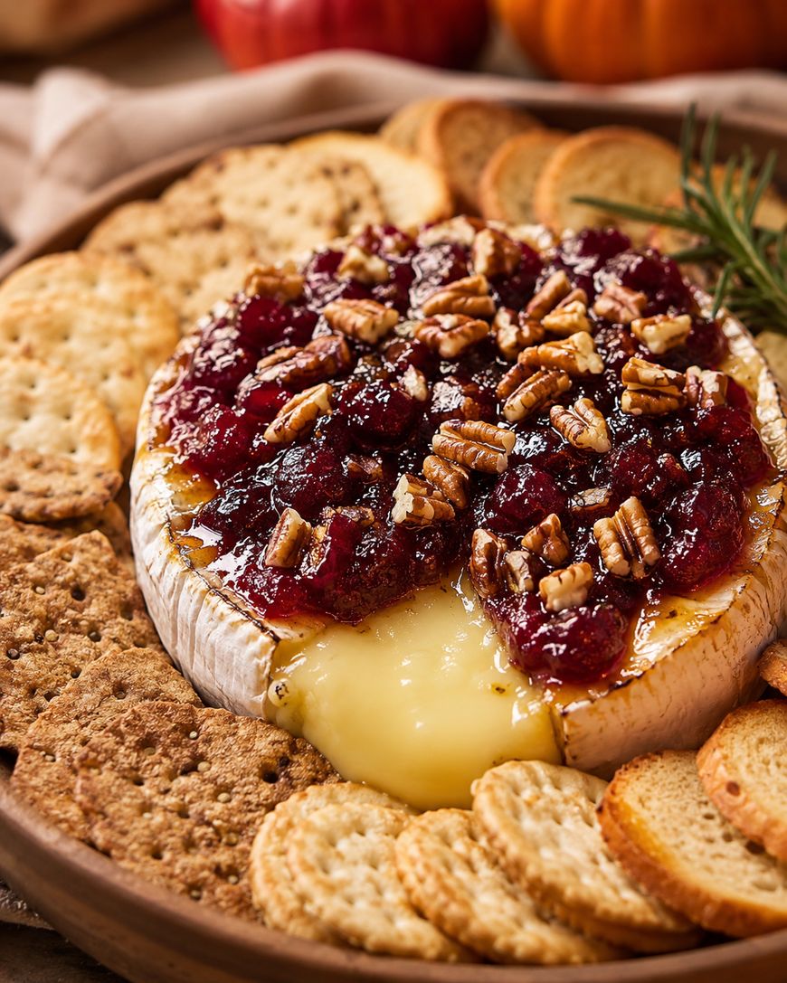 A wheel of baked brie topped with cranberry sauce and chopped pecans, surrounded by assorted crackers on a wooden plate.