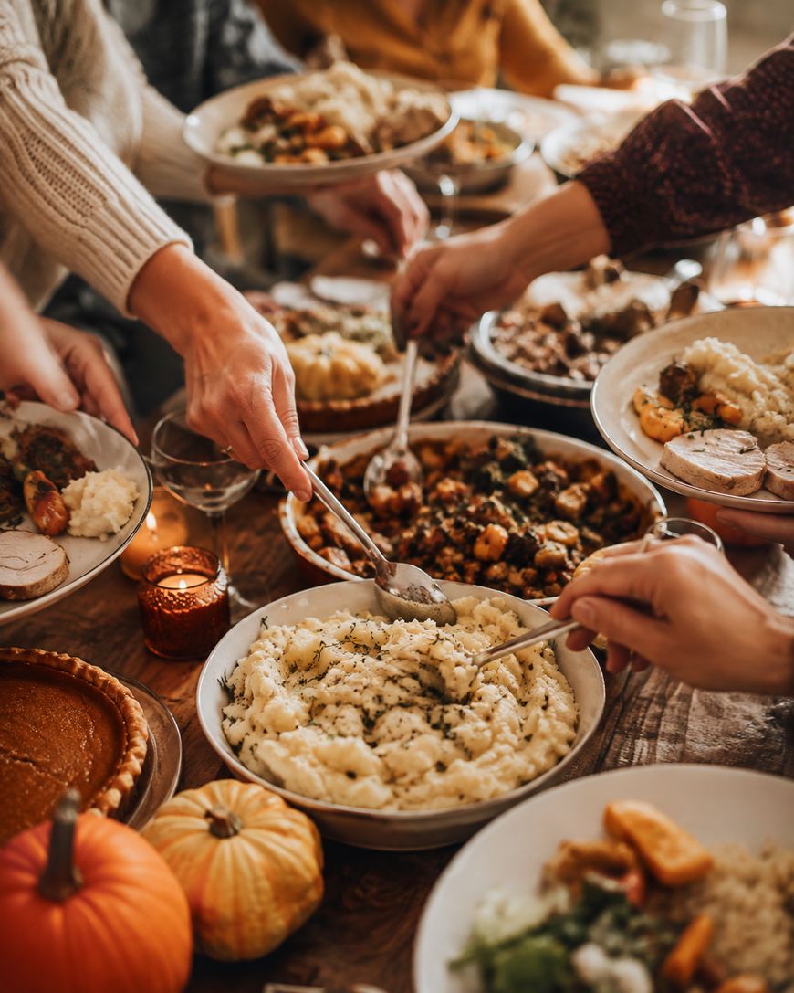 A group of people serve themselves various Thanksgiving dishes like mashed potatoes, stuffing, and pie at a festive table decorated with small pumpkins and candles.
