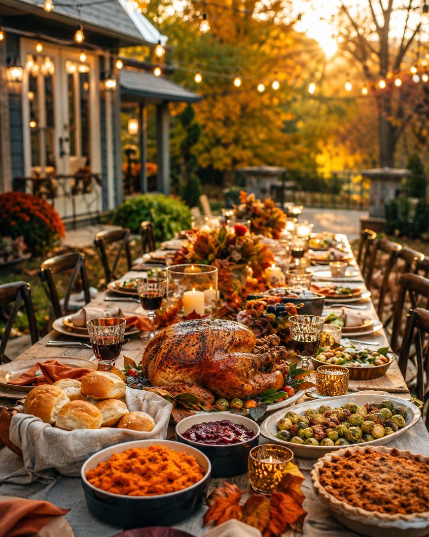 A festive outdoor autumn table is set with Thanksgiving foods including roast turkey, bread rolls, pies, cranberry sauce, and vegetables, surrounded by fall decorations and string lights at sunset.