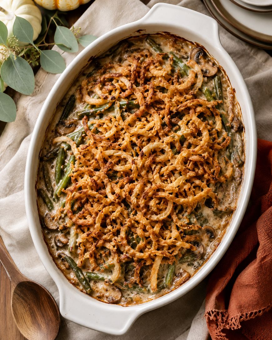 A white oval dish filled with green bean casserole topped with crispy fried onions, placed on a beige cloth next to a wooden spoon and fall-themed decor.