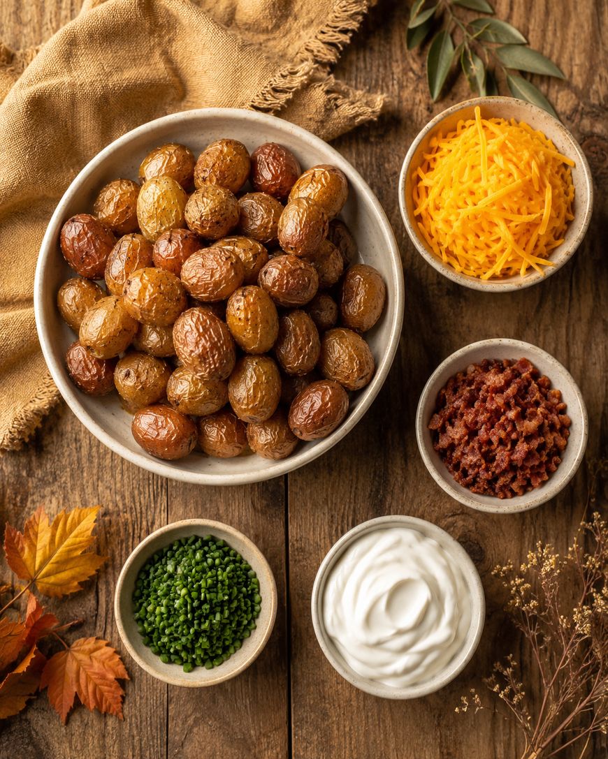 A bowl of roasted baby potatoes surrounded by bowls of shredded cheddar cheese, bacon bits, chopped chives, and sour cream on a rustic wooden table with autumn leaves and a beige cloth.