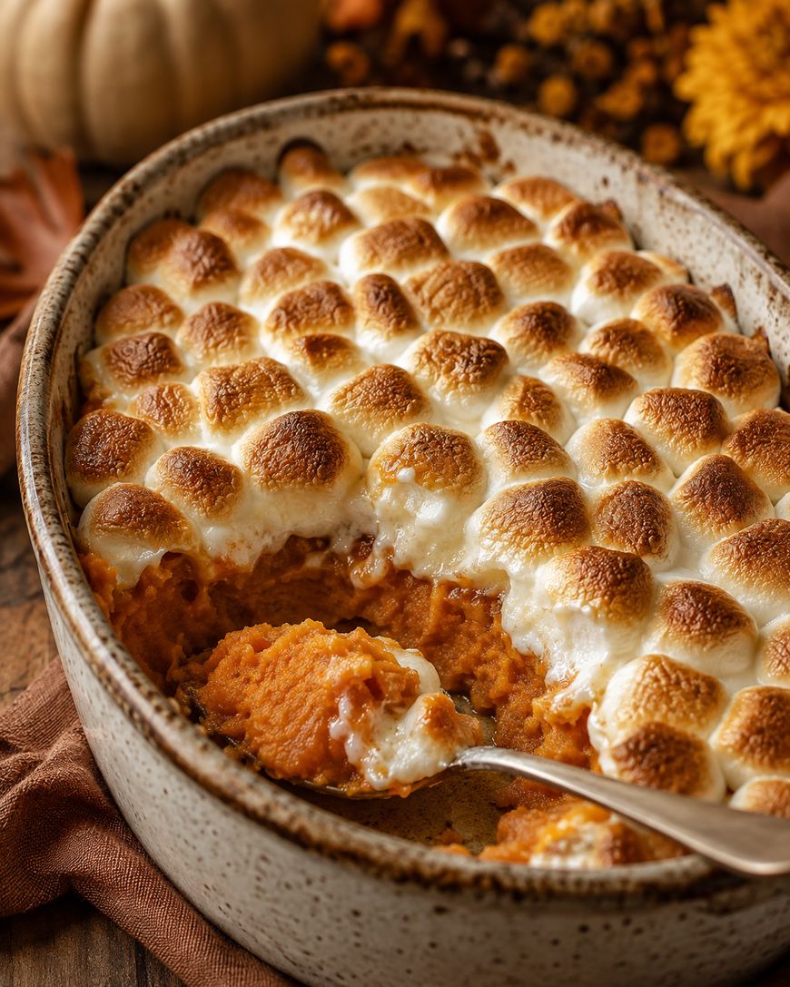 A casserole dish filled with sweet potato casserole topped with toasted marshmallows, with a serving spoon scooping out a portion. Autumn-themed decorations are blurred in the background.