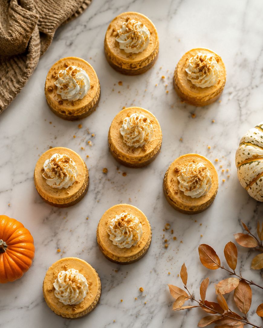 Mini pumpkin cheesecakes with whipped cream and crumbs are arranged on a marble surface, surrounded by two small pumpkins, dried leaves, and a textured brown cloth.