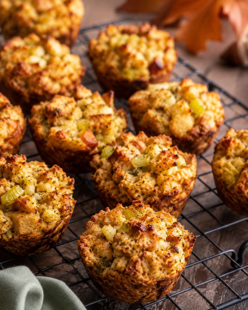 Stuffing muffins with golden, crispy tops and visible celery pieces cool on a black wire rack. A green napkin and autumn leaves are nearby, creating a cozy, seasonal setting.