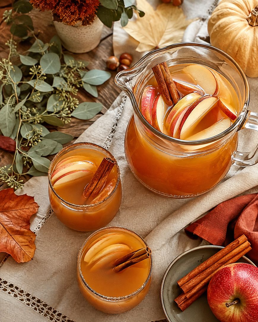 A pitcher and two glasses of apple cider with cinnamon sticks and apple slices, surrounded by autumn leaves, apples, a pumpkin, and foliage on a rustic table.