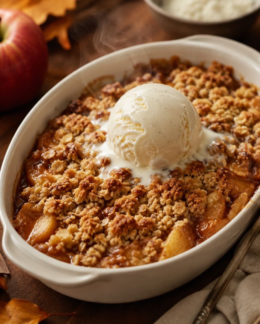 A baked apple crumble topped with a scoop of vanilla ice cream in a white oval dish, with an apple and autumn leaves in the background.