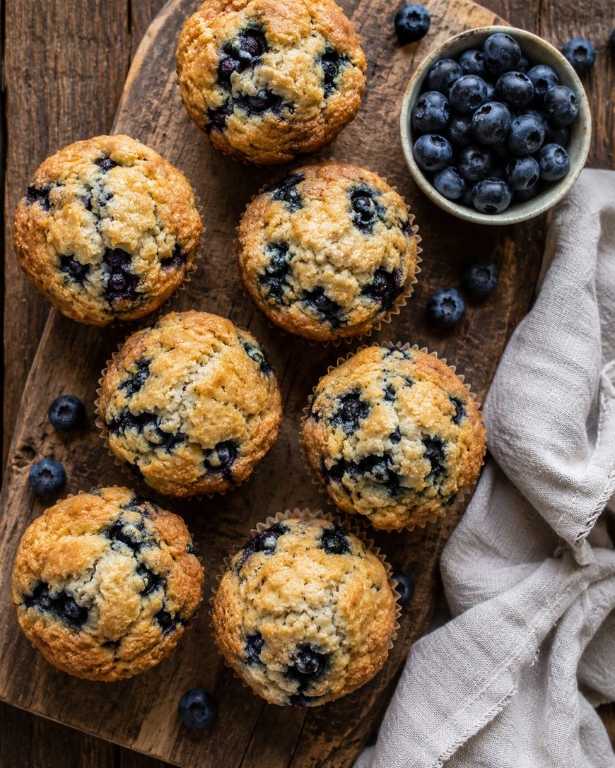 Seven blueberry muffins on a wooden board, with a small bowl of fresh blueberries and a beige cloth napkin beside them. Some loose blueberries are scattered on the board.