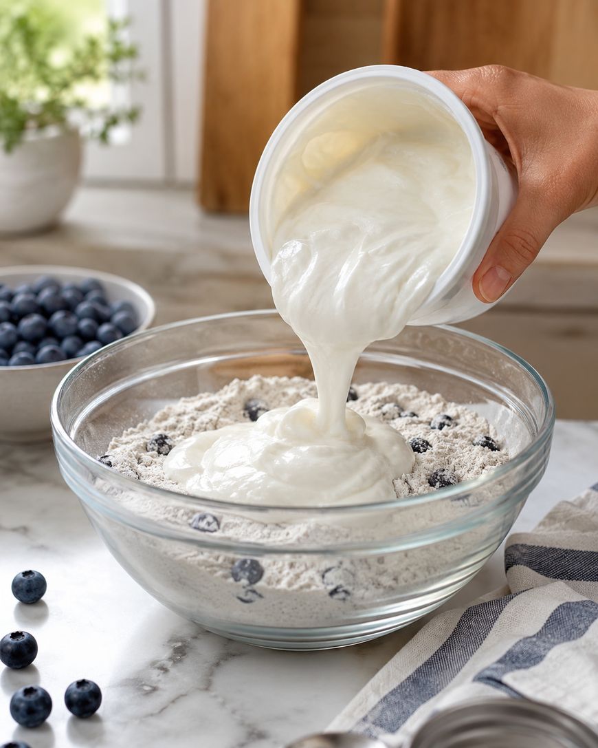 A hand pours yogurt into a glass bowl filled with flour and blueberries on a kitchen counter, with a bowl of blueberries and a towel nearby.