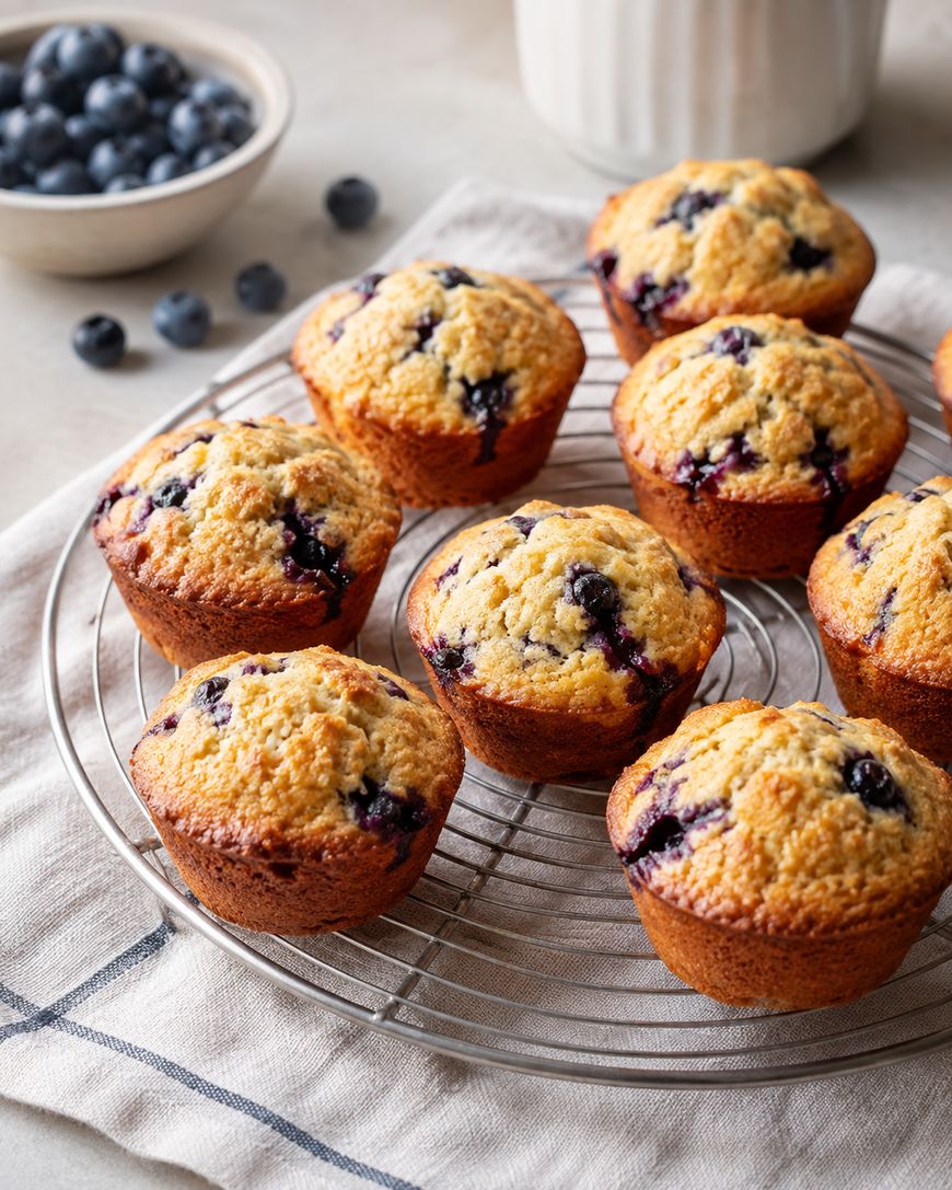 Freshly baked blueberry muffins cooling on a wire rack, with a bowl of blueberries and a white dish in the background, all placed on a light-colored cloth.