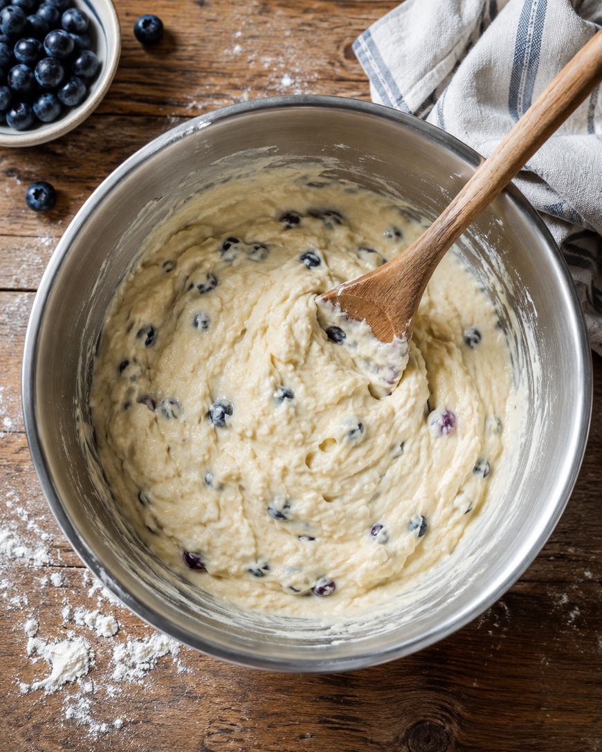 A metal bowl filled with blueberry muffin batter being stirred with a wooden spoon, sitting on a wooden table with scattered flour, a towel, and a small bowl of blueberries nearby.