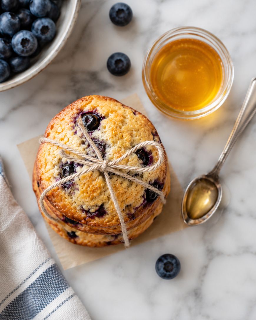 Three blueberry scones tied with twine, next to a bowl of blueberries, a small jar of honey, and a spoon on a marble surface. A striped cloth is partially visible in the corner.
