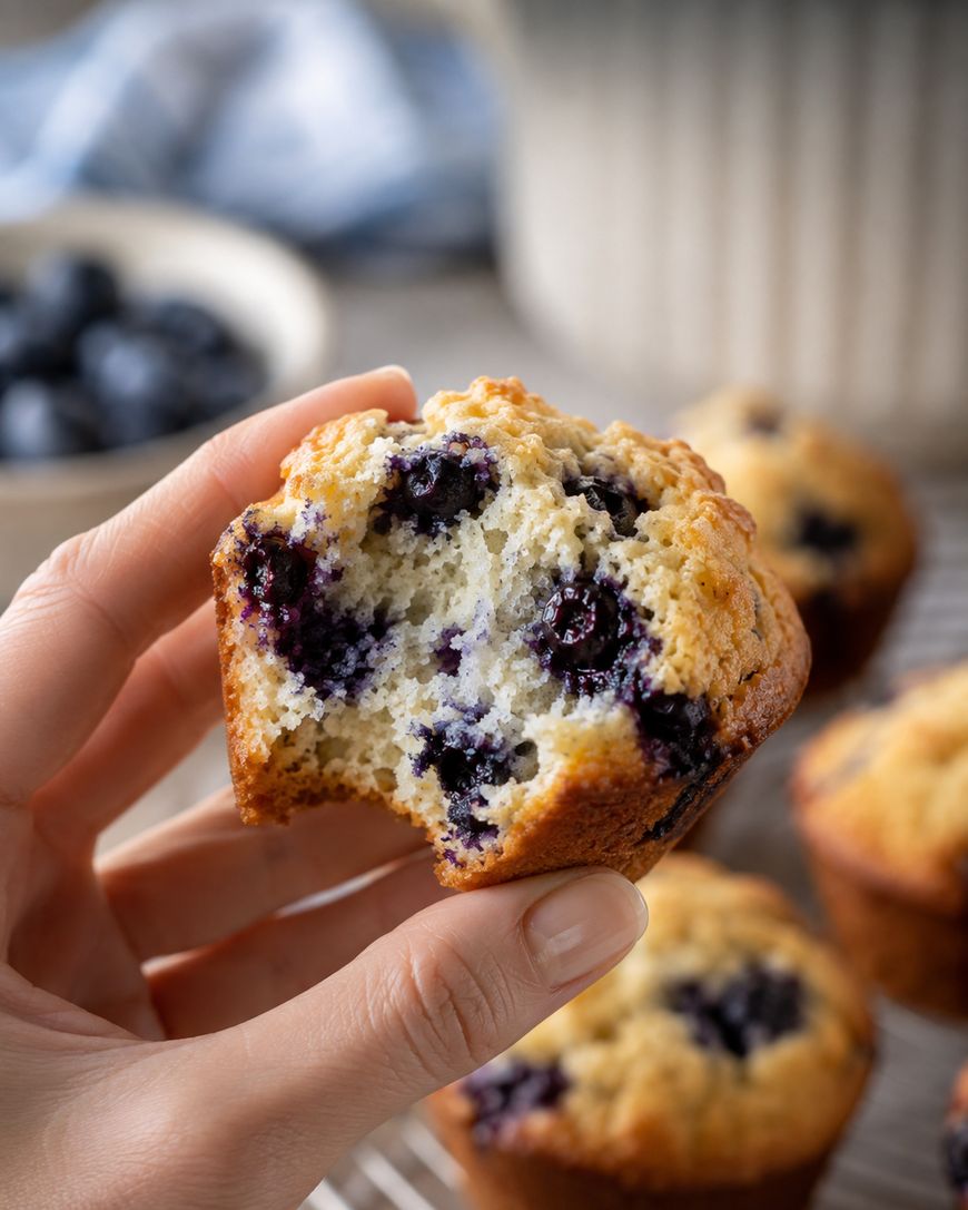 A hand holds a bitten blueberry muffin, showing moist inside with whole blueberries. Other muffins and a bowl of blueberries are blurred in the background.
